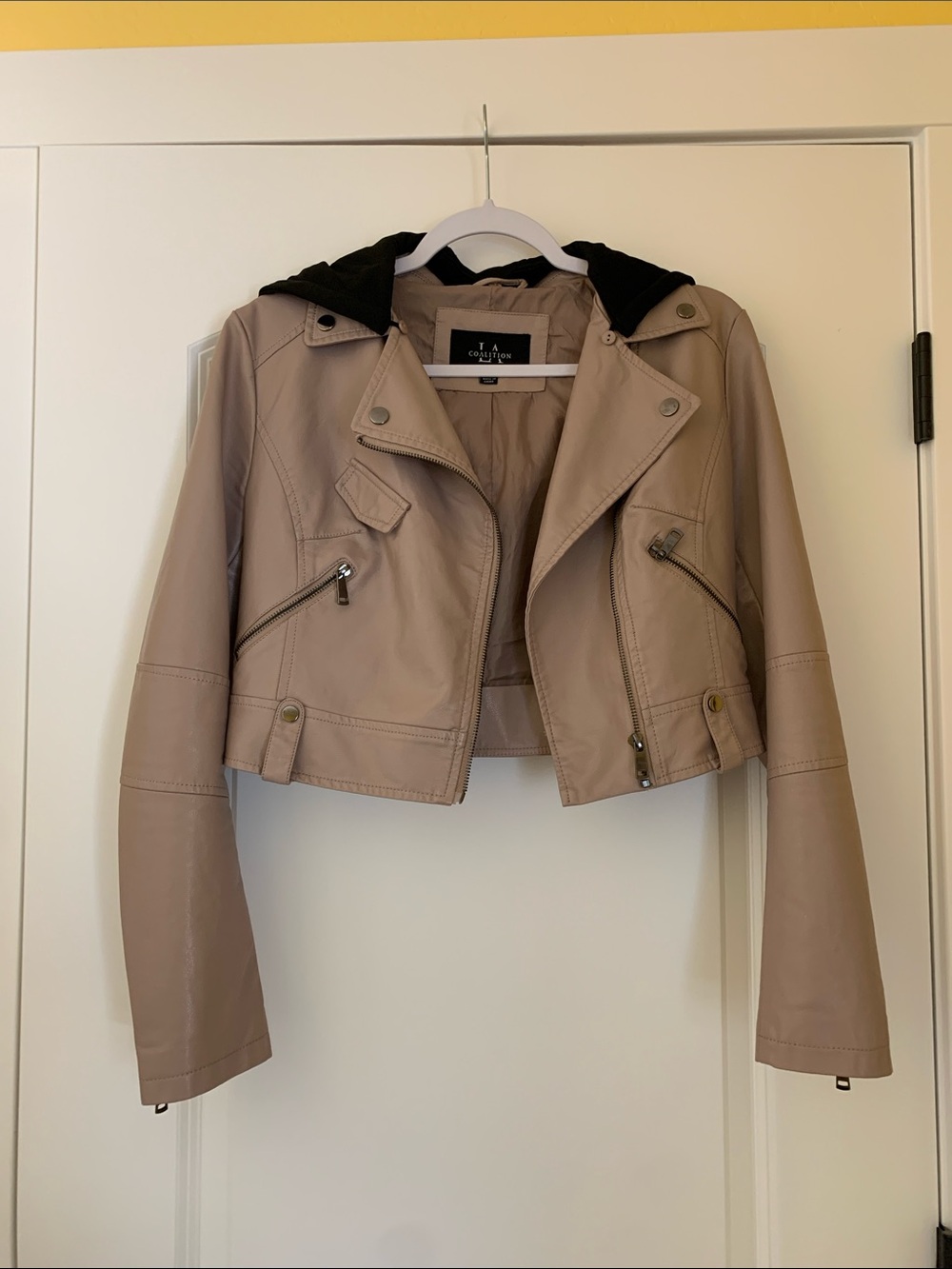 Cropped Taupe Faux Leather Jacket with Removable Hood